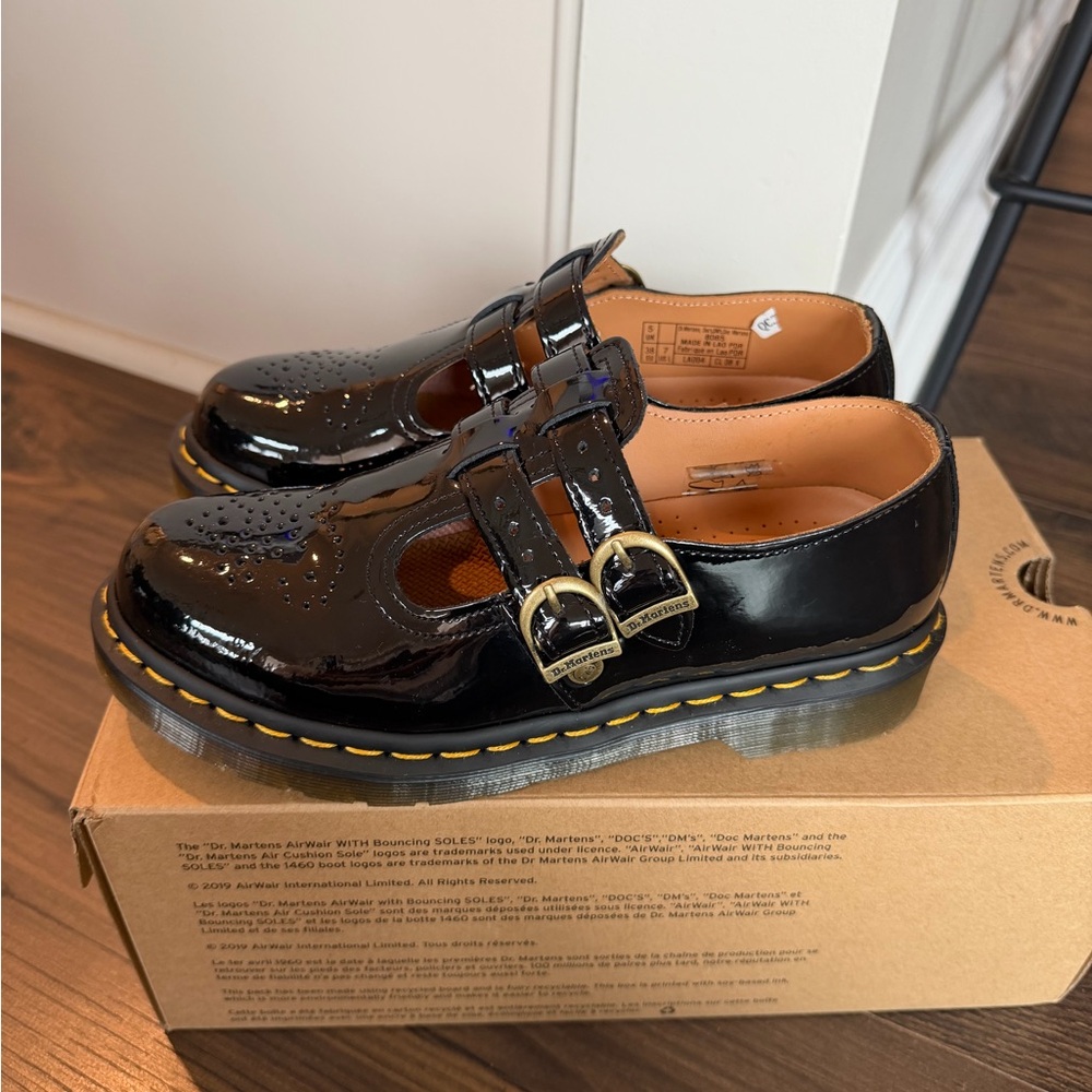 Dr. Martens Black Patent Mary Jane Shoes with Yellow Stitching